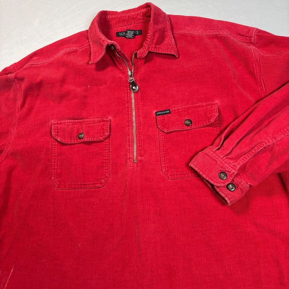 Structure Corduroy Pullover Mens Large Red Quarter Zip Vintage Long Sleeve Shirt